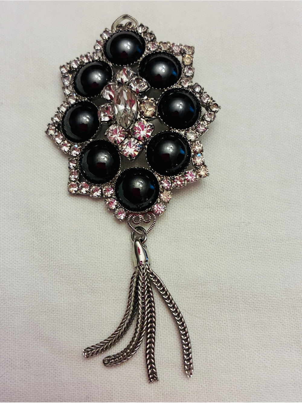 D&E Juliana Vintage Hematite Crystal Cabochons Silver Tassel Brooch